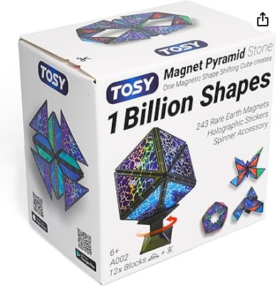 TOSY Magnet Pyramid Stone - 1 Cube Transforms into 1 Billion Shapes, 12 pieces, 243 Rare Earth Magnets, Holographic Design Magnet Tiles Creative Puzzle STEM/STEAM Toy
